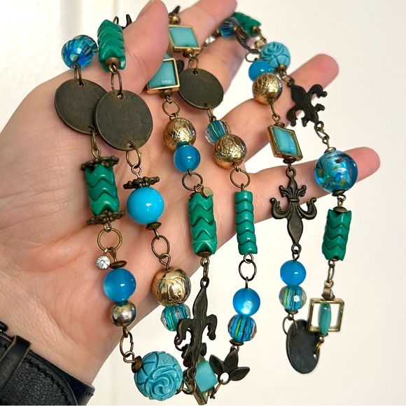 Long Necklace with Blue and Green Accents in Vintage Brass/Gold - Picture 7 of 9